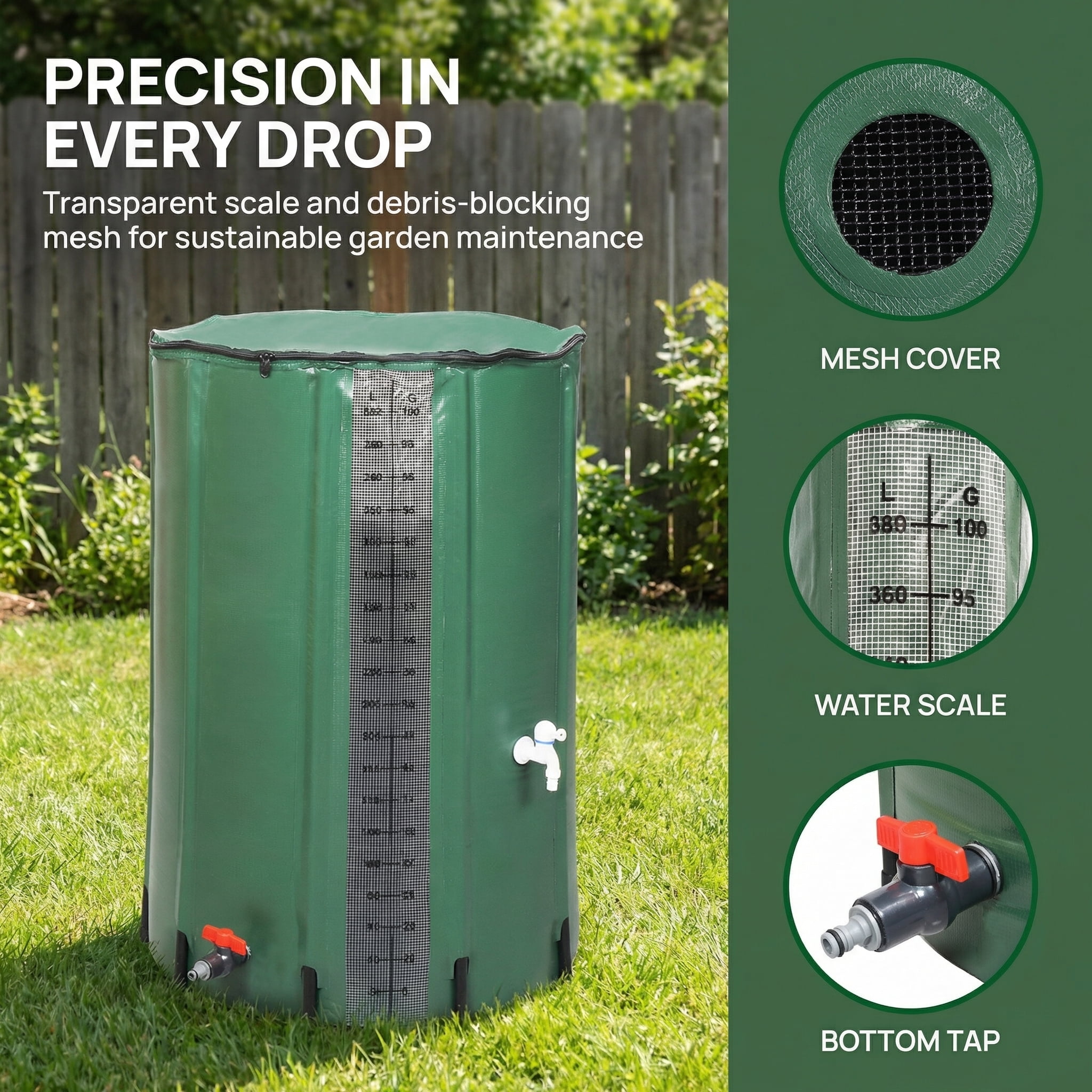 100-Gallon Robust PVC Rain Accumulation Unit with Measurement Scale in Green Hue - Innovative Water Conservation Solution