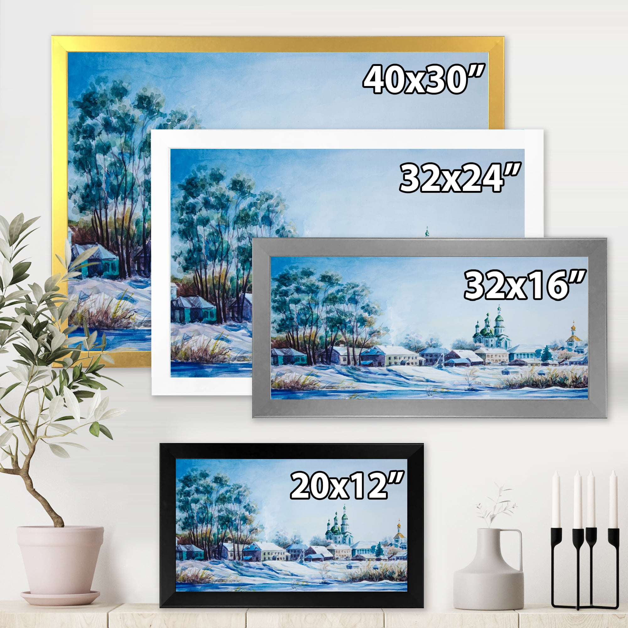 Designart 'Small Town Covered In Snow In Winter Times' Traditional Framed Art Print