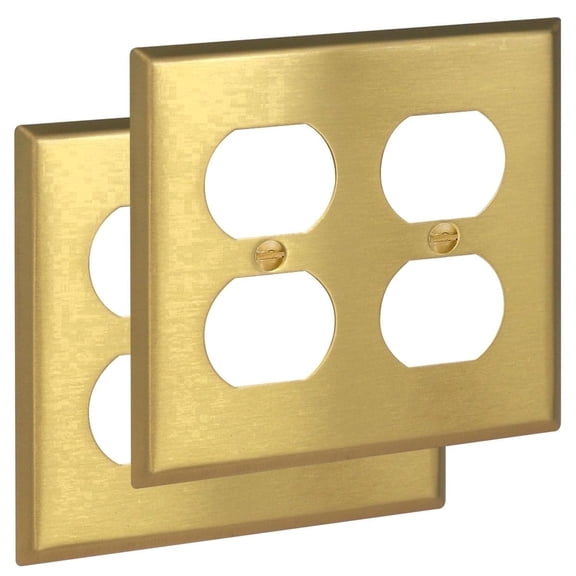 Rio Salto BRASS Metal Gold Double Duplex Receptacle Wall Plate Light Switch Cover Wall Plate Dual Duplex Receptacle Metal Wallplate Covers Double Gang Brushed Brass 2 Gang 2-Pack STANDARD SIZE