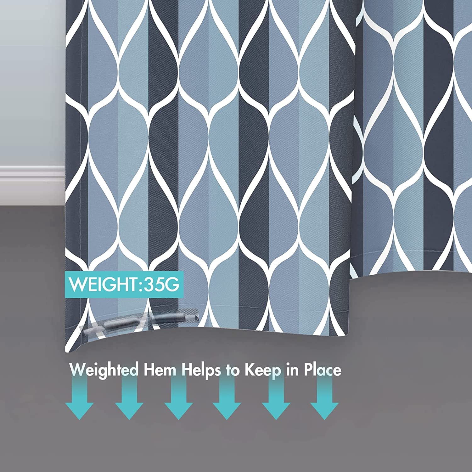 Aegean Blue Geometric Shower Curtain, Waterproof Design and Polyester, Quick-Drying, Weighted Hem, Blue Fabric Shower Curtains Set for Bathroom W 36 x H 72, Durable and Washable with 8 Hooks