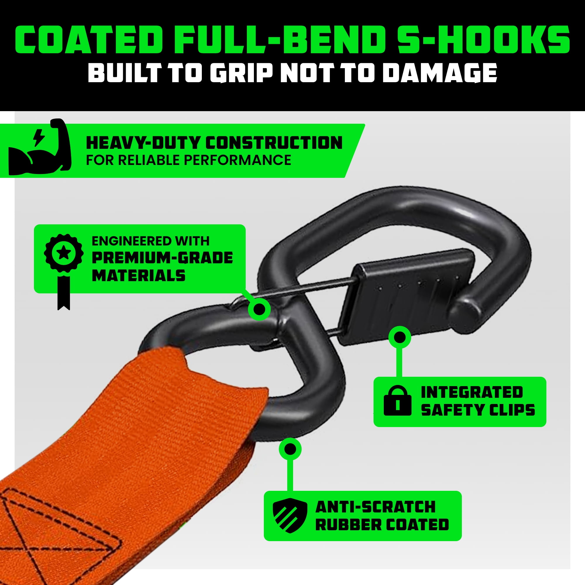 Rhino USA Heavy Duty 2" x 10' Retractable Ratchet Straps 3,033lb Break Strength (Orange 2-Pack)