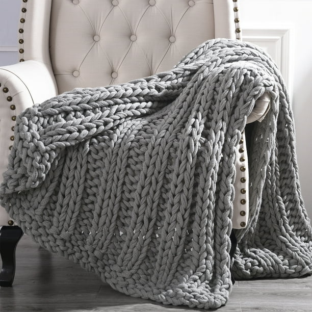 Cottage Lane Chunky Knit Acrylic Throw Blanket, 50" x 60", Gray
