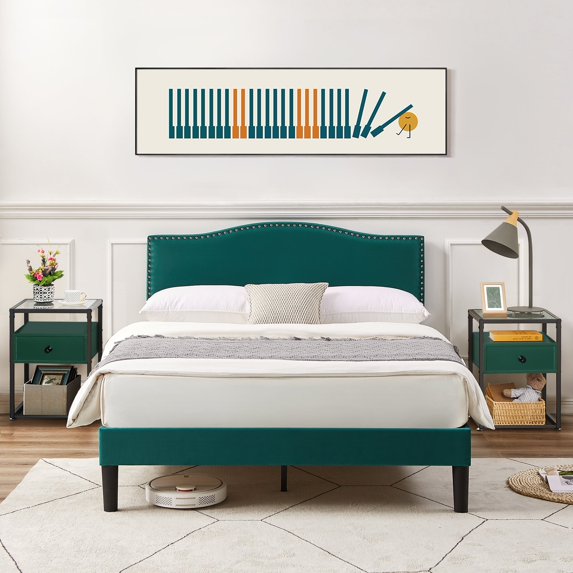 VECELO 3-Piece Green Bedroom Set with Full Upholstered Bed Frame and 2 Nightstands
