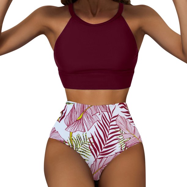 Skary Womens Bathing Suits Shirred Cutout Tummy Control Bikini Floral Printing Swim Bottoms Two
