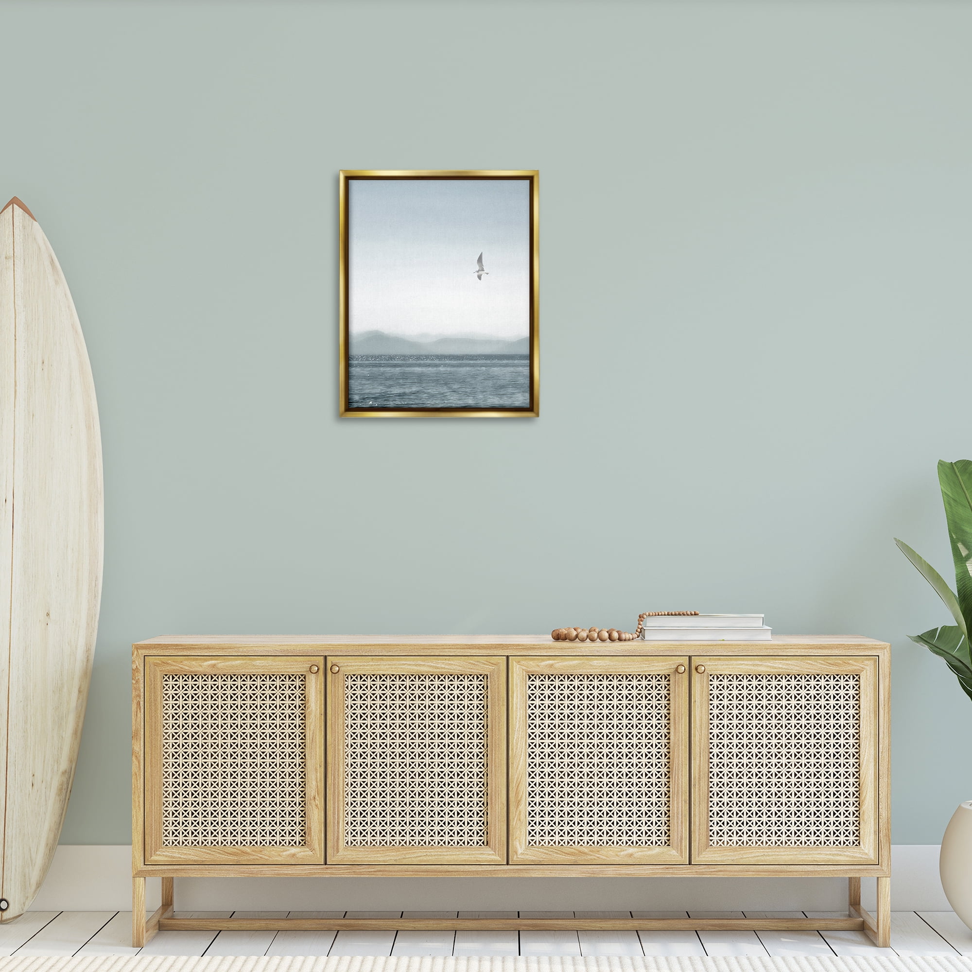 Stupell Industries Lone Gull over Sea Coastal Painting Gold Floater Framed Canvas Art Print Wall Art, 25 x 31