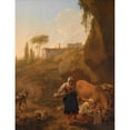 thumbnail image 2 of Nicolaes Pietersz. Berchem 12x14 Black Ornate Wood Framed Double Matted Museum Art Print Titled: A Rocky Southern Landscape with Two Peasant Women and Their Flock and Cattle Halting Near a S, 2 of 5