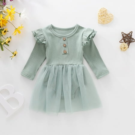 

One opening Infant Romper Dress Mesh Stitching Sweet Lotus Leaf Sleeves Single Breasted Decoration Prom Costume