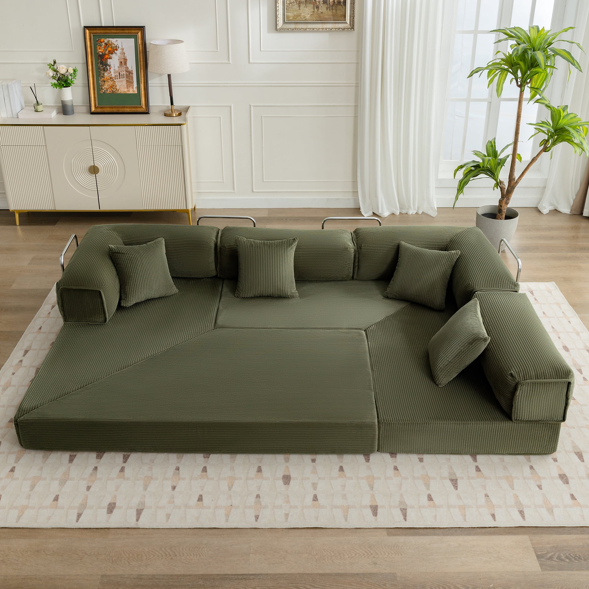 COOLHUT 106.3" W Combination Floor Sofa, High Rebound Density Sponge Sofa Couch, Modular Sectional Sofa L-Shape Corduroy Couch with Chaise, Big Comfy Sleeper Floor Sofa for Living Room,Olive Green