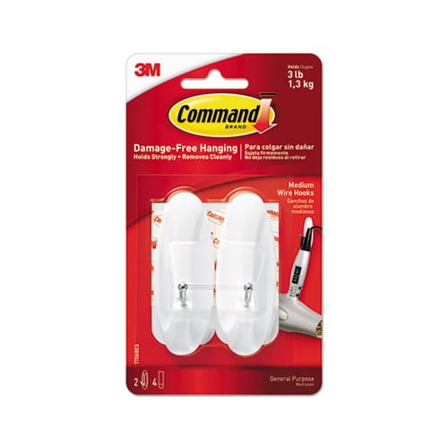 General Purpose Wire Hooks Medium, 3 b Cap, White, 2 Hooks and 4 Strips/Pack