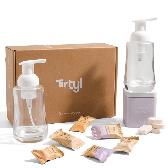 Tirtyl Hand Soap Duo Kit - 2 dispensadores de espuma de vidrio + lata de almacenamiento + 6 recambios de tabletas (48 fl oz en total - 6x 8 fl oz) - NUEVA fórmula - Embalaje compostable - Variedad de