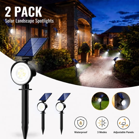 Solar Spotlights Outdoor Waterproof, 800LM Solar Powered Spot Light, 3 Modes Solar Landscape Spot Lights, Solar Spotlight for Flag Garden Yard Tree Lawn Driveways, 2 Pack Cool White