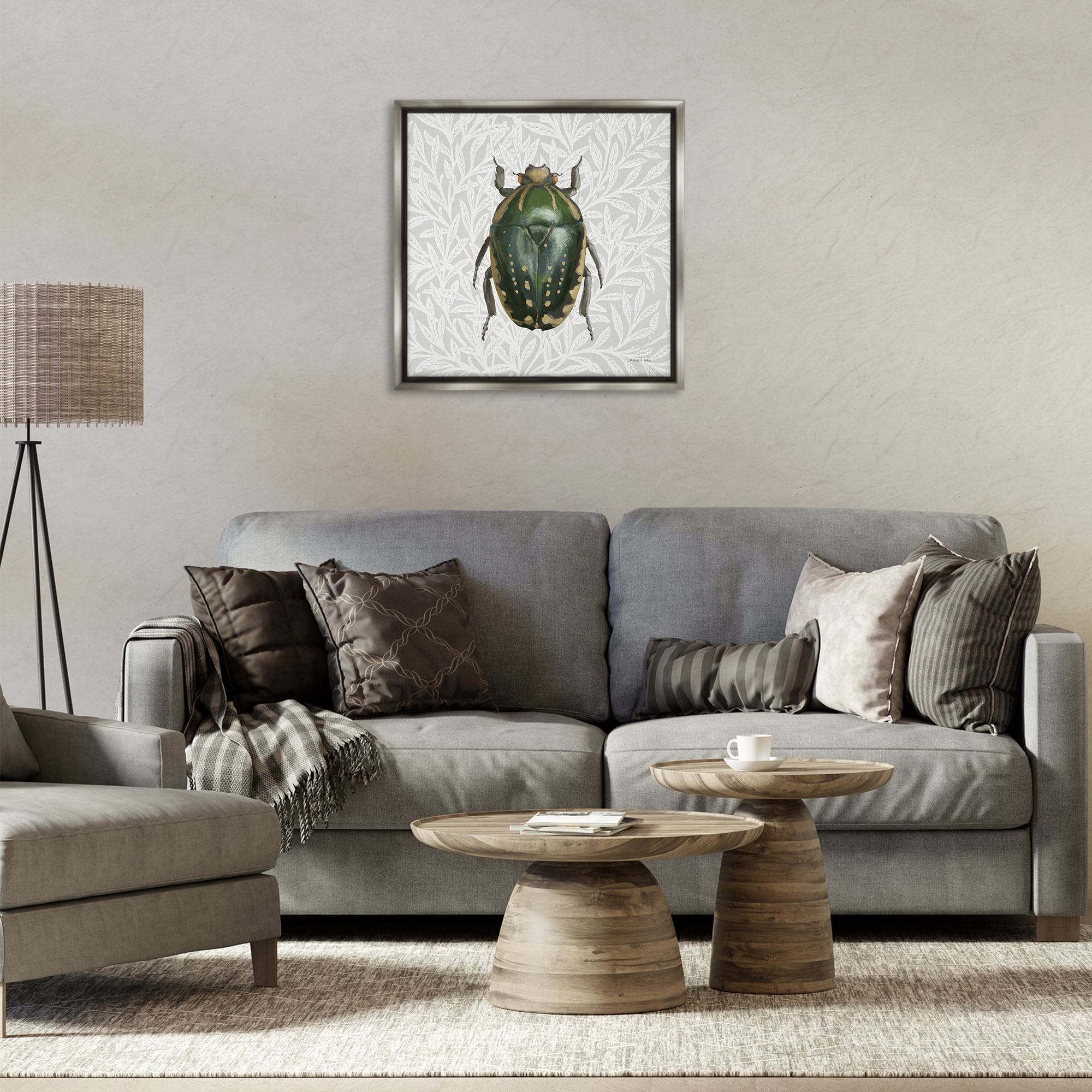 Stupell Industries Beetle with Botanical Pattern Animals & Insects Painting Gray Floater Framed Canvas Art Print Wall Art, 25 x 25
