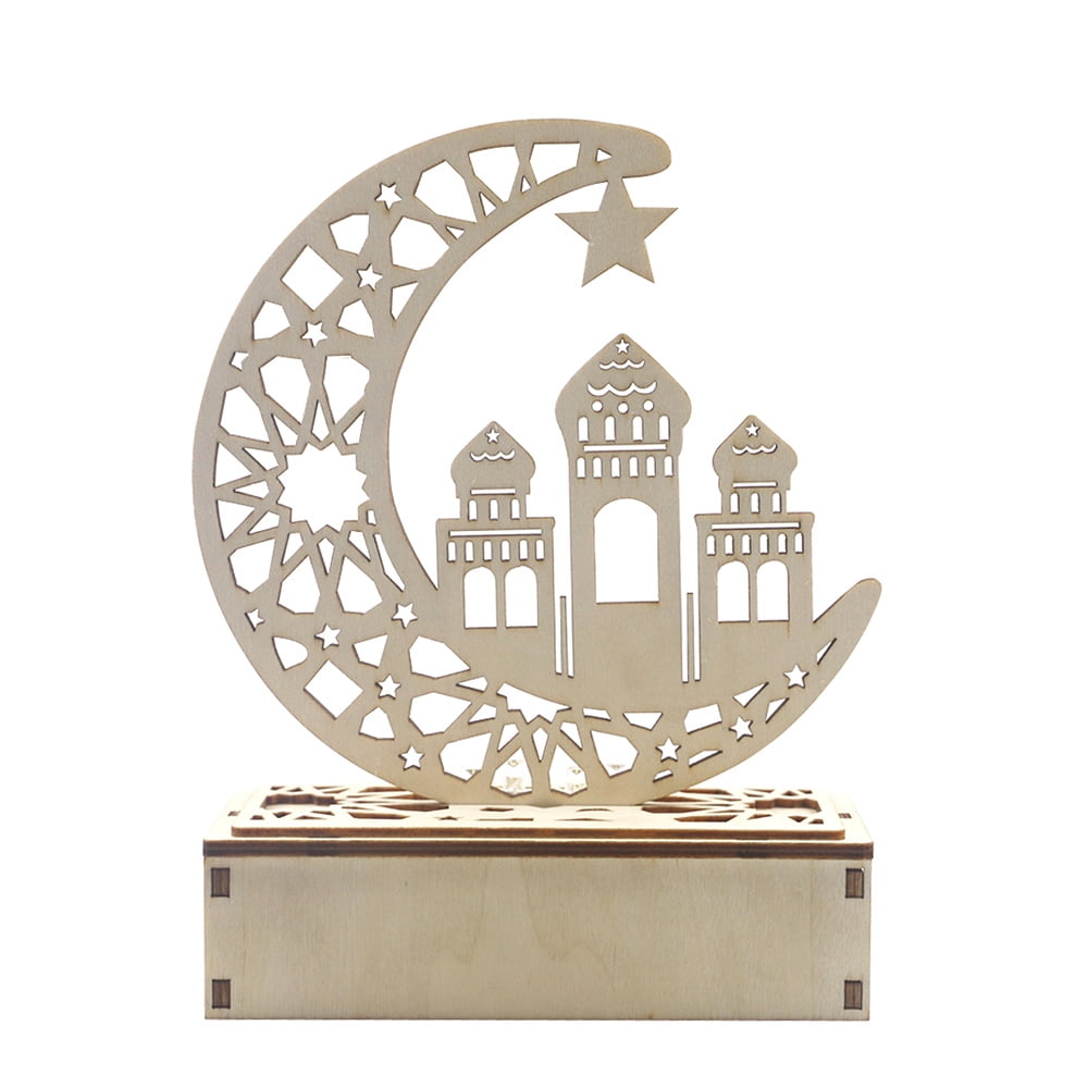 Eid Ornament Muslim Eid Mubarak Wooden Moon Shape Table Top Home Decorations 