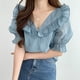 thumbnail image 2 of Top de verano para mujer, estilo con volantes, cuello en V, manga corta abombada, camisa informal elegante y transpirable para mujer, para fiesta, oficina y viaje, 2 of 8