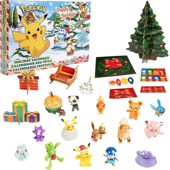 Pokemon 2024 Holiday Advent Calendar for Kids, 24 Piece Gift Playset - Set Includes Pikachu, Eevee, Jigglypuff and More - 16 Toy Character Figures & 8 Christmas Accessories - Ages 4 
