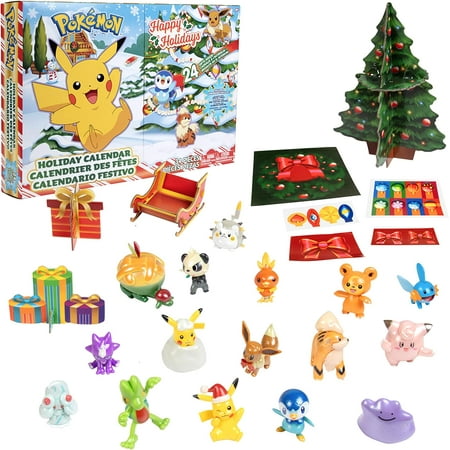 Pokemon 2024 Holiday Advent Calendar for Kids 24 Piece Gift Playset – Set Includes Pikachu Eevee Jigglypuff and More – 16 Toy Character Figures & 8 Christmas Accessories – Ages 4+