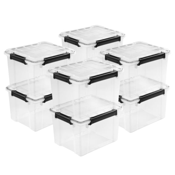 Sterilite 34 Qt Gasket Box, Stackable Plastic Storage Container with Lids, Black, 8 Pack