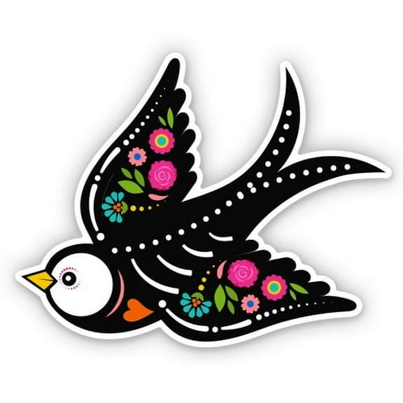 Bird Swallow Mexican Sugar Skull Style - 3" Vinyl Sticker - For Car Laptop Water Bottle Phone - Waterproof Decal