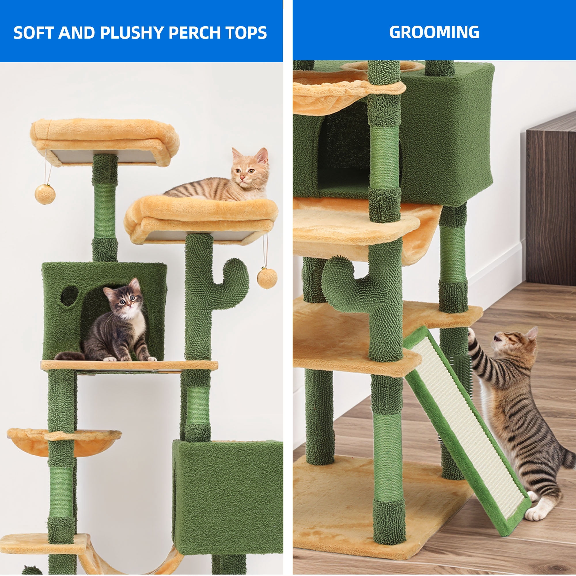 Dextrus 76" Tall Cactus Cat Tree Tower, Large Cat Condo with Self-Grooming Brush, Plush Platform, Hammock, Sisal Scratching Posts, and Toy Balls,Green