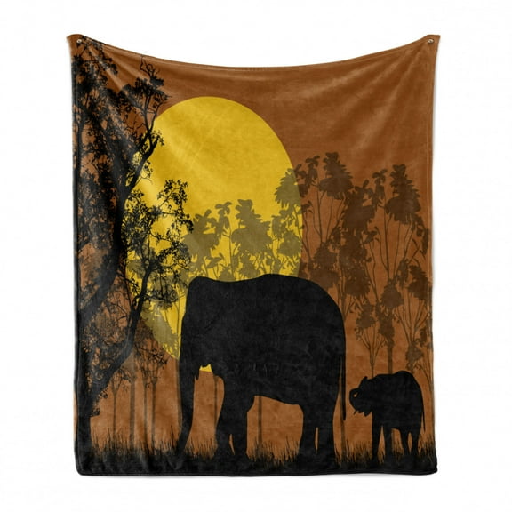 Animal Soft Flannel Fleece Throw Blanket, Wild Nature Silhouette Scene Animal and Trees, Cozy Plush for Indoor and Outdoor Use, 60" x 80", Caramel Earth Yellow, by Ambesonne