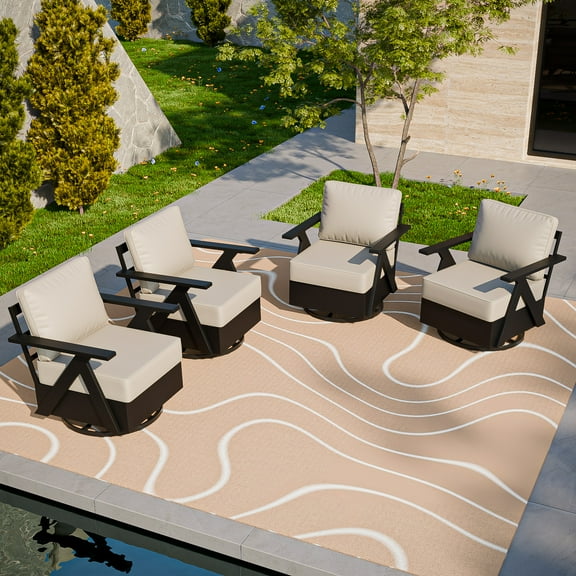 COOS BAY Iron Luxe 4 PCS Modern Outdoor Swivel Rocking Chairs,Aluminum Patio Furniture Set, Black/Beige