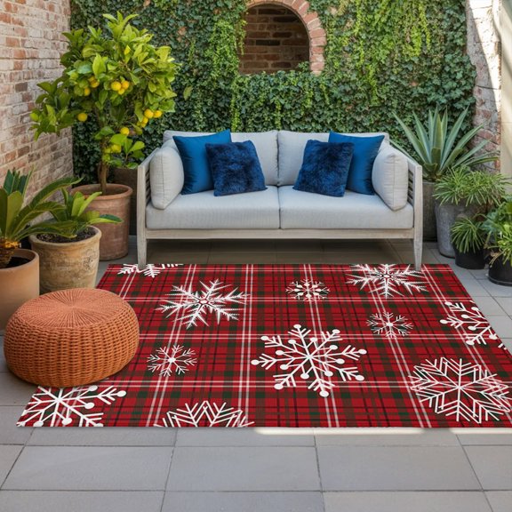 Outdoor Rug, Winter Snowflake Christmas Red Buffalo Plaid Indoor Area Rug Outdoor Carpet RV Camping Rugs 4x6ft Retro Black Check Outside Mat for Patio Picnic Porch Deck Balcony Backyard