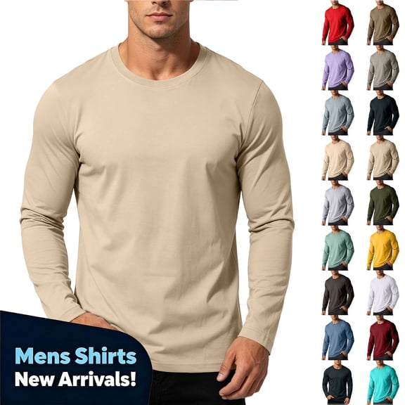 YODETEY Men’s Long Sleeve Cotton T-Shirt, lightweight Undershirt Solid Basic Cotton Crewneck Long Sleeve Tee,Size S-5XL