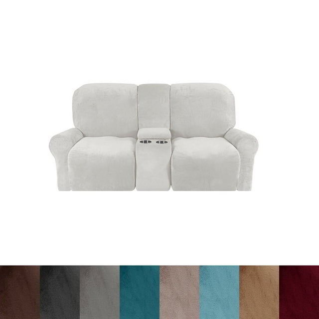 CHOK 2024 Housse de Causeuse Inclinable avec Console Centrale Housse Extensible en Velours pour Fauteuil Inclinable 2 Places avec Porte-Gobelet