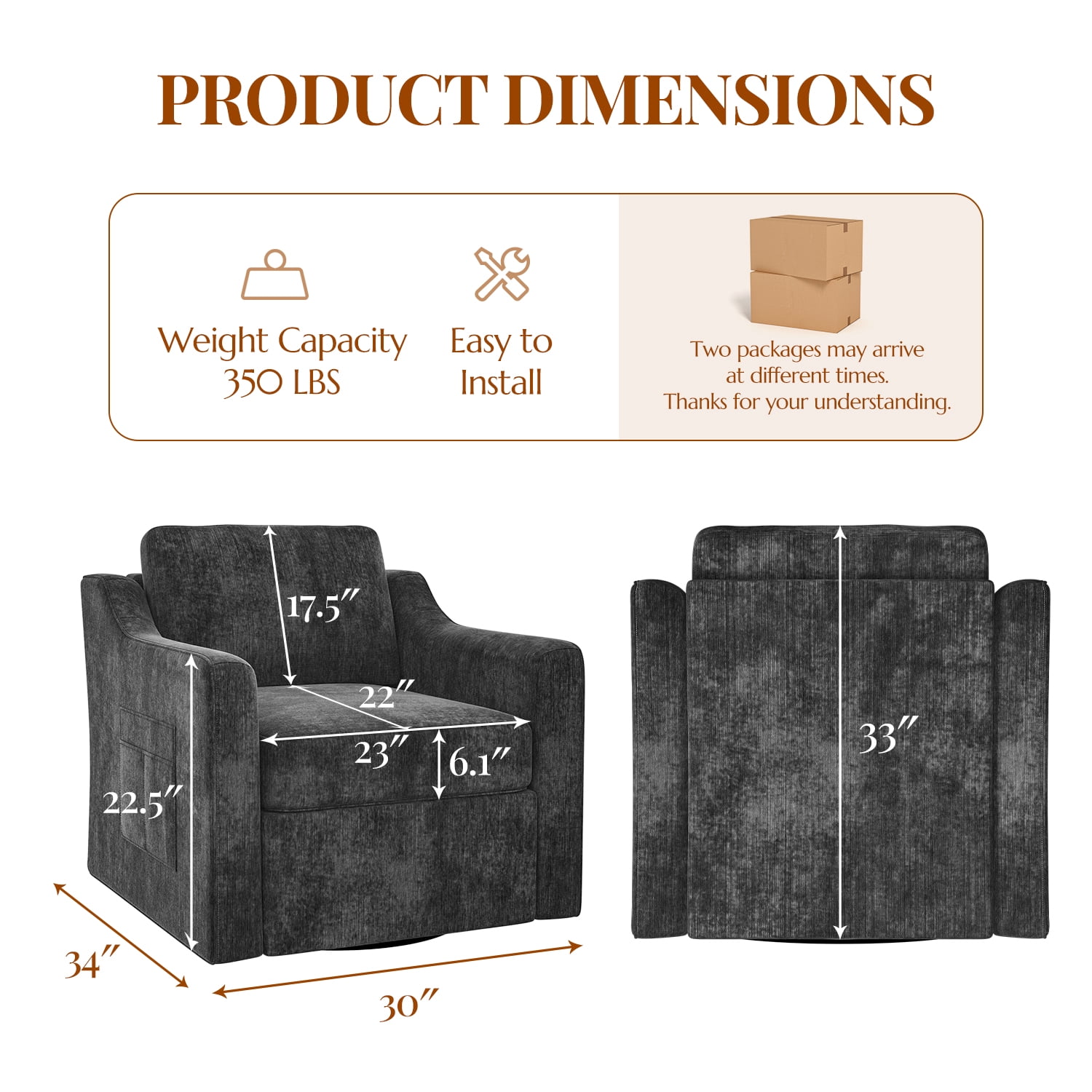 ZBOM 360° Swivel Modern Accent Chair Set of 2, Large Comfy Reading Chairs, Accent Square Single-seat Armchair Upholstered Sofa for Reading, Living Room, Bedroom, Black