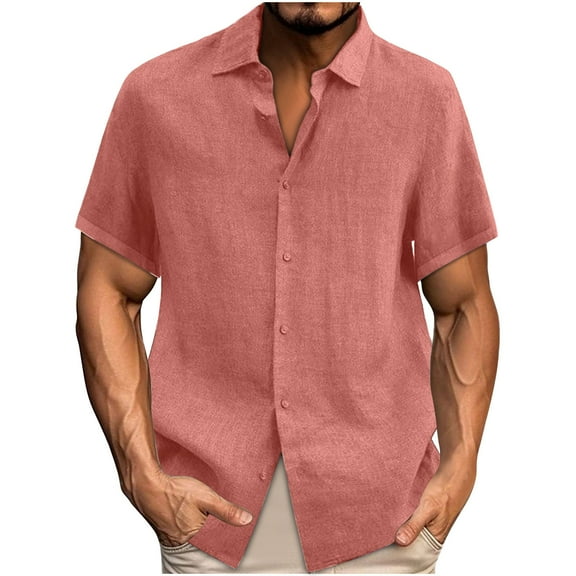 Timoontee Mens Casual Cotton Linen Shirts Short Sleeve Button Down Shirt Lightweight Summer Beach Vacation Shirt Dress Shirt Solid Lounge Daily Shirts Orange XXL