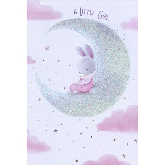 Pictura Pink Bunny On Moon Sanja Rescek New Baby Girl Congratulations Card