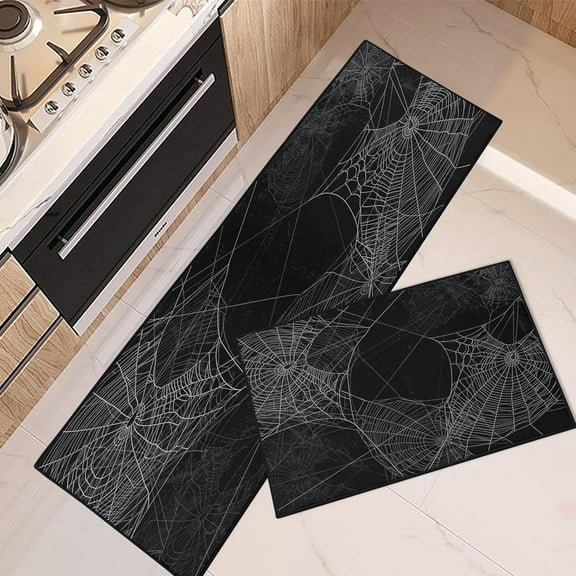 Kitchen Rugs and Mats Non Skid Washable Set of 2, Spider Halloween Kitchen Runner Rug, Spooky Spiderweb Gothic Kitchen Floor Mat Under Sink Mat Throw Rug for Kitchen Doormat Waterproof