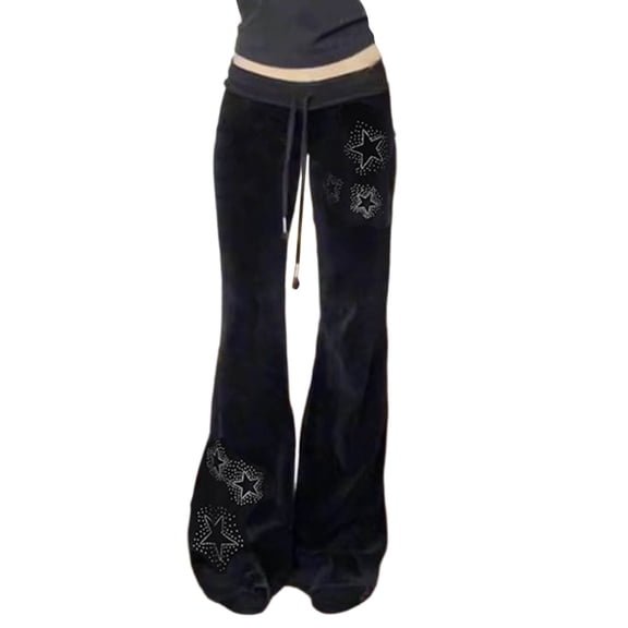 Wxolcjlv Women's Rhinestone Star Velvet Flared Pants Drawstring Low Waist Y2K Street Trousers