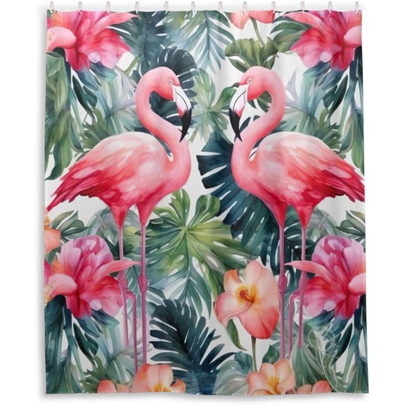 Flamingo Flower Shower Curtains Waterproof Fabric Shower Curtain Bathroom Decoration with Hooks Washable Bathroom Shower Curtains 60x72 Inch
