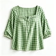 thumbnail image 5 of Yrmaups Women Plus Size Square Neck 3/4 Sleeve Blouse, Loose Fit Button Plaid Top, Soft Casual Tee for Summer Office Daily Wear, Green S, 5 of 5