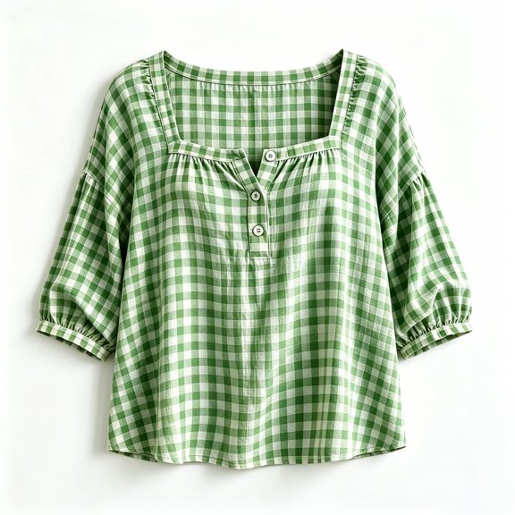 Tnhcen Women Summer Top French Square Neck Gingham Blouse Puff Sleeve Casual Loose Fit Button Down Boho Shirt for Women Daily Vacation XS-4XL