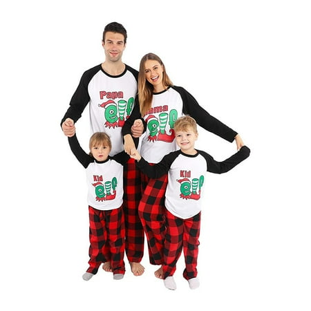 

JBEELATE Matching Family Pajamas Sets Christmas PJ s with Letter Elf Print Long Sleeve Tee and Plaid Pants Loungewear for Family