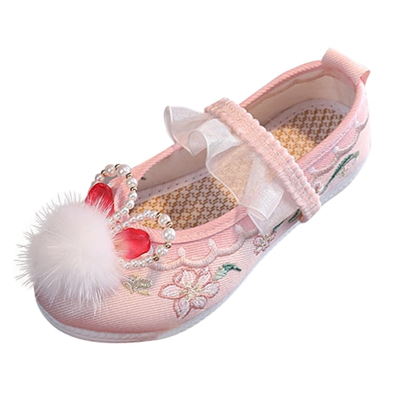 GiLiling Girls Mary Jane Flats, Embroidered Cloth Fabric with Pearl, Elastic Strap Non-Slip Rubber Sole Casual Flats (Pink, 6-7 Years)