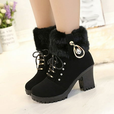 Juebong Christmas Deals Women s Shoes Round Toe Solid Color Lace Up Side Zipper Fashion High Heels Winter Plush Warm Ankle Boots 8.5  Black