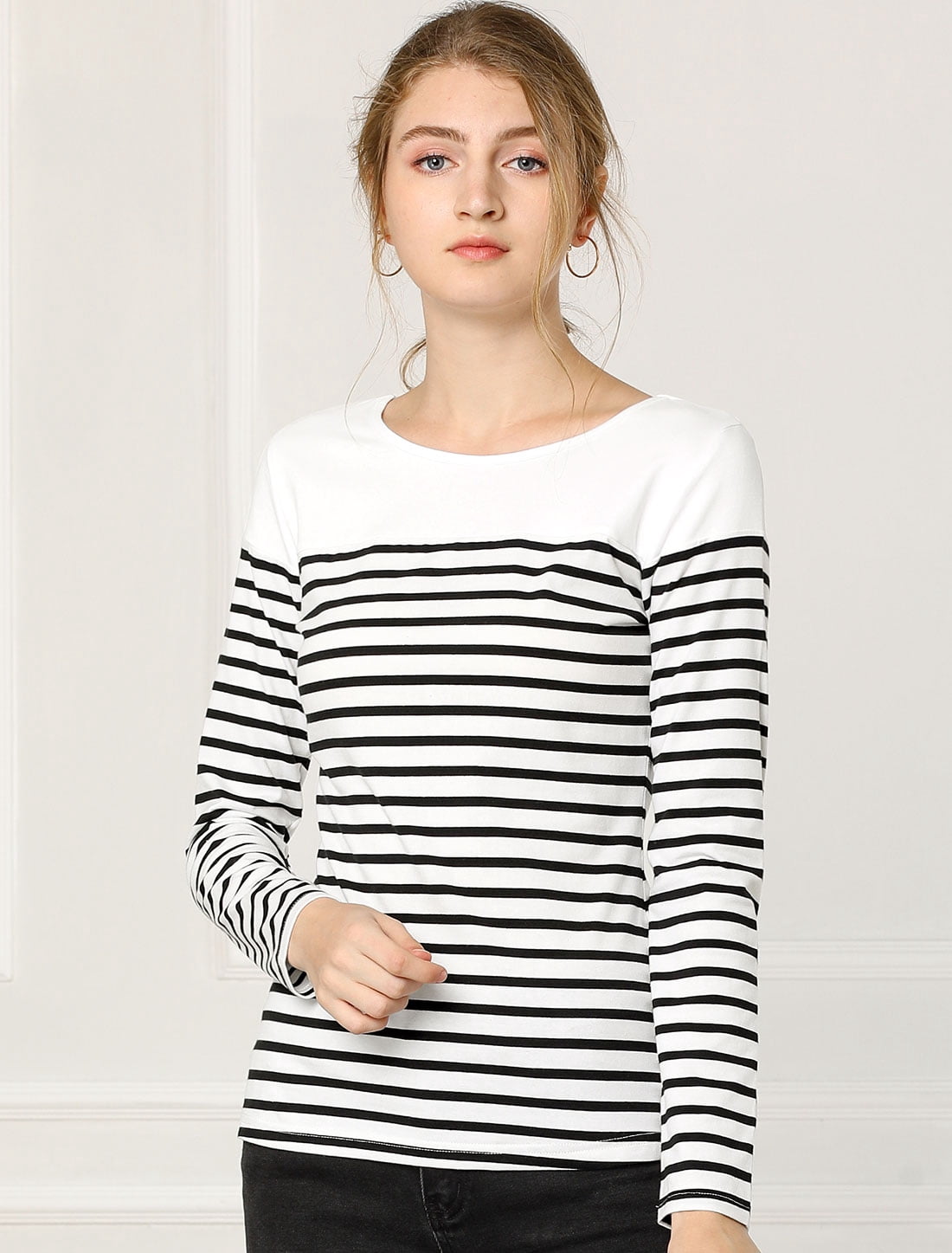 DARING DIVA Women's Color Block Striped Knit Top Long Sleeves T-Shirt 2XL Black-White