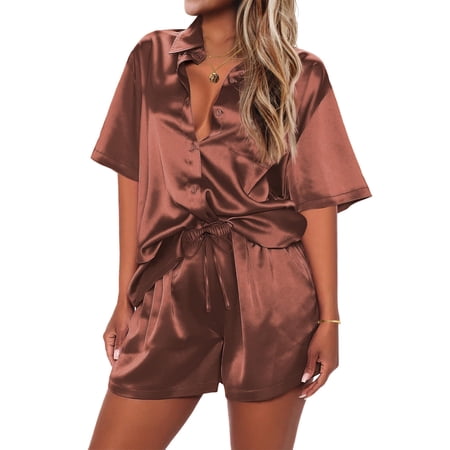 Ekouaer Pajamas Shorts for Women Silk Sleepwear Short Sleeve Pjs Shorts Set Soft Nightwear 2 Piece Lounge Set