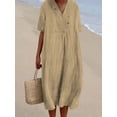 thumbnail image 1 of Vestido de mujer de algodón y lino de color liso con escote en V grande y moderno, 1 of 6