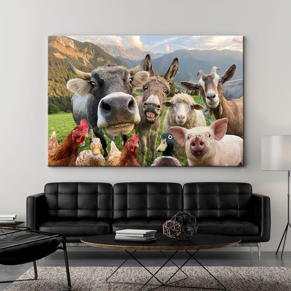 Farm Animals Print Selfie Wall Art Cow Donkey Pig Goat Decor Rustic Farmhouse Nursery Country Unframed Paper Print