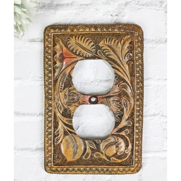 Set of 2 Rustic Western Tooled Floral Lace Double Receptacle Outlet Wall Plates