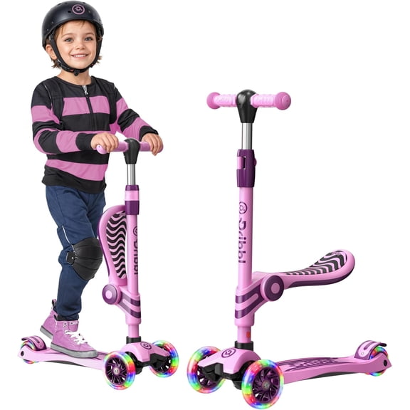 Dribbl 3-Wheel Kids Scooter with Seat, Light-Up Wheels, Adjustable Handlebar, Wide Deck & Rear Brake, Ages 2