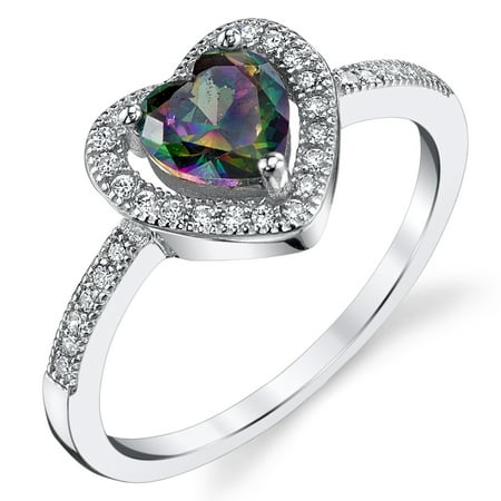 Rainbow Mystic Topaz Heart - Heart Shape Mystic Rainbow Simulated Topaz Halo Sterling Silver Ring with Cubic Zirconia Sizes 5 to 9