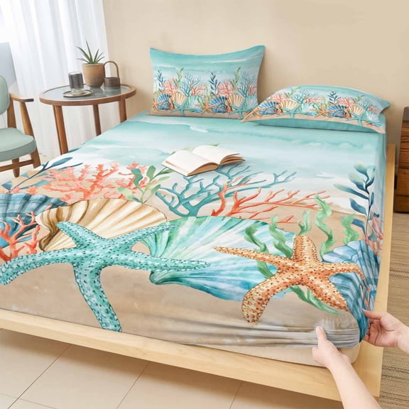 Cal.King Size Fitted Sheet Set - Coastal Beach 3 Piece Bedding Sets 16" Deep Pocket Fitted Sheet with 2 Pillowcases, Ocean Wave Summer Sea Starfish Coral Teal Beige Microfiber Hotel Bed Sheets