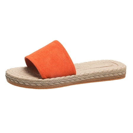 

Ladies Fashion Solid Color Suede Strap Straw Woven Bottom Flat Open Toe Slippers