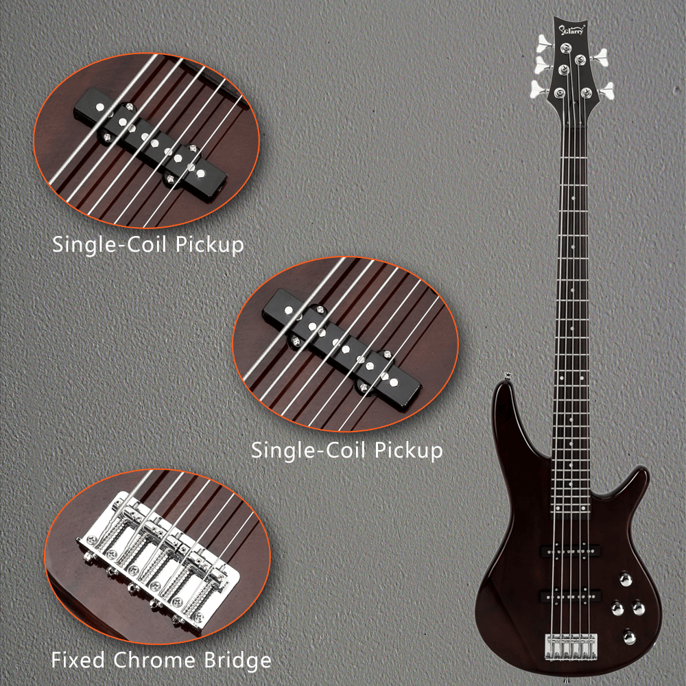 Tcbosik 5 String Full Size Electric Bass Guitar with Bag, Strap, Plectrum, Amp Wire and Wrench Tool for Beginners, Earth Brown