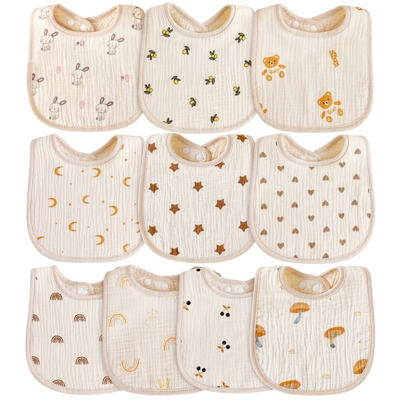 Muslin Bibs 10 Pack - Ultra Soft Drool Bibs for Teething Babies, Absorbent Unisex Baby Shower Gift for Boys & Girls